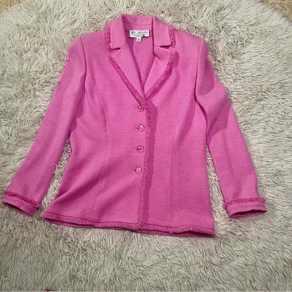SOLD St. John Marie Gray Rare Y2K Santana Knit Hot Pink Logo Buttons Fringe - Picture 11 of 14